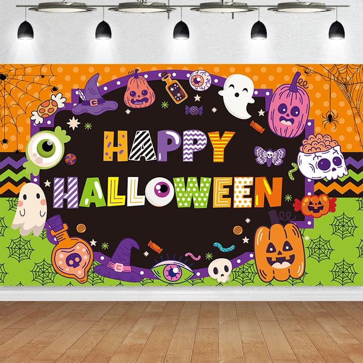 Masxkle Fondo de Halloween con texto en inglés “Trick or Treat”, calabaza, fantasma, sombrero mágico, calavera, fondo de fotografía, caricatura,