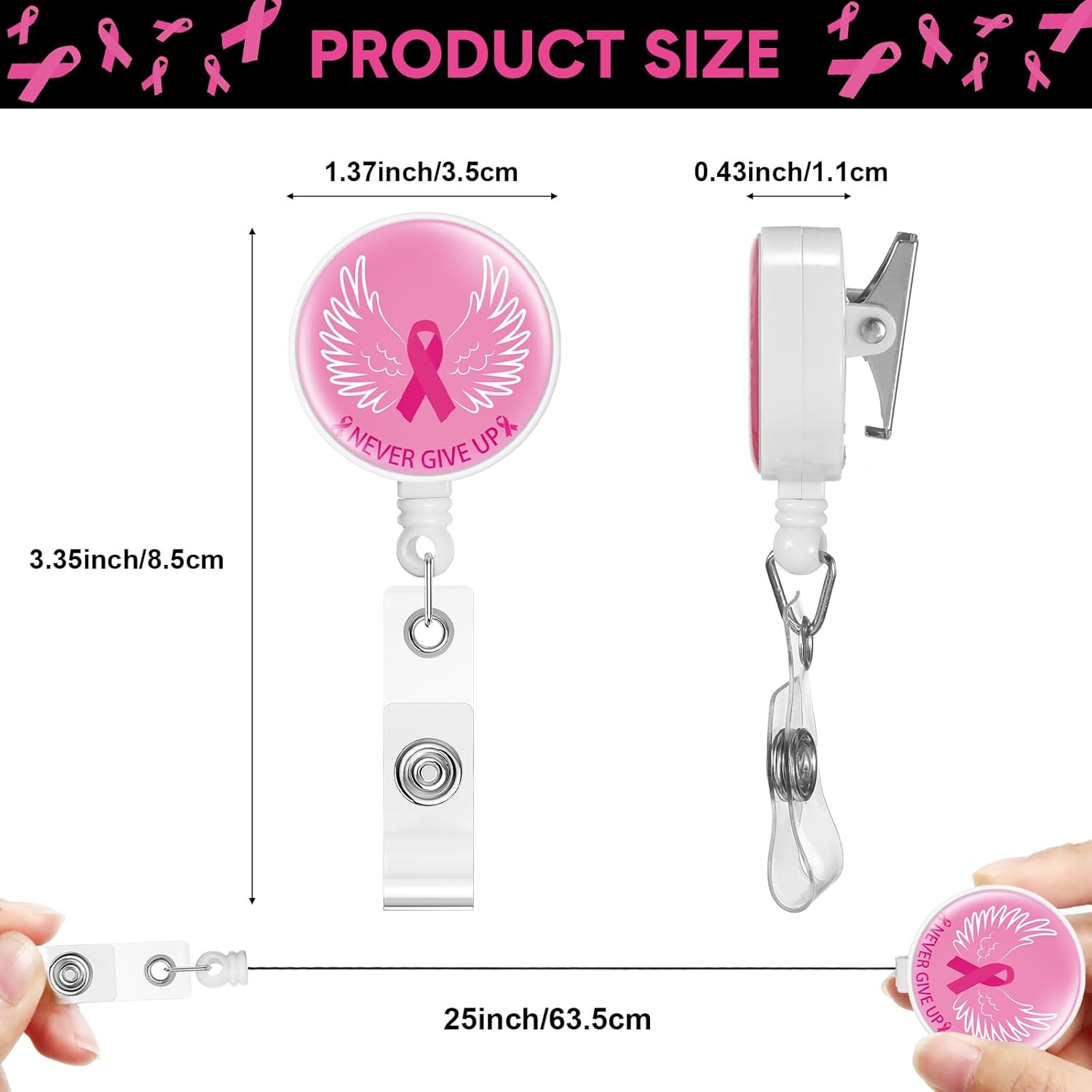 Faccito Carrete retráctil para insignia de cáncer de mama, 18 unidades, con diseño de mariposa, para decoración de cáncer de mama, clip de