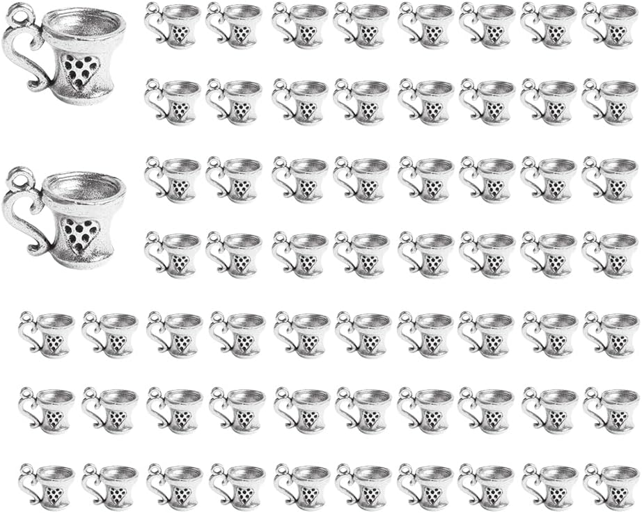 Opexicos 50 dijes para taza de café, para tazas de té, diseño de tono plateado envejecido, accesorios hechos a mano para manualidades, 3D, 0.394 x