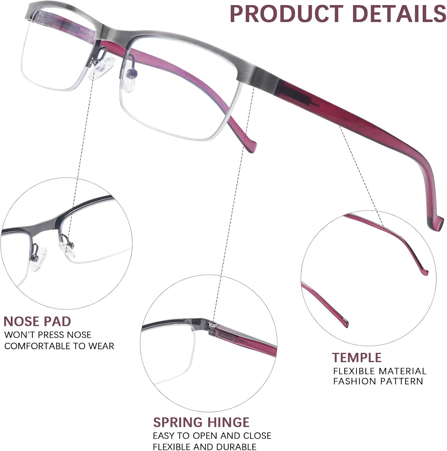 CLASAGA Progressive Multifocus Reading Glasses for Women Men, Blue Light Ladies Computer Reader Metal Half Frame Eyewear