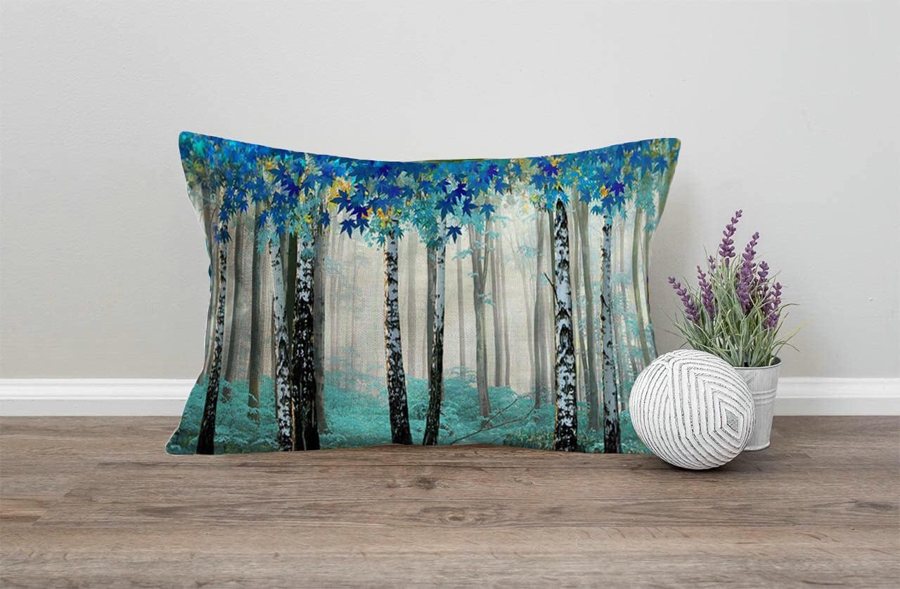 Funda de almohada lumbar de 12 x 20 pulgadas, fundas de almohada rectangulares azules con diseño de árbol de abedul, pintura al óleo de acuarela,