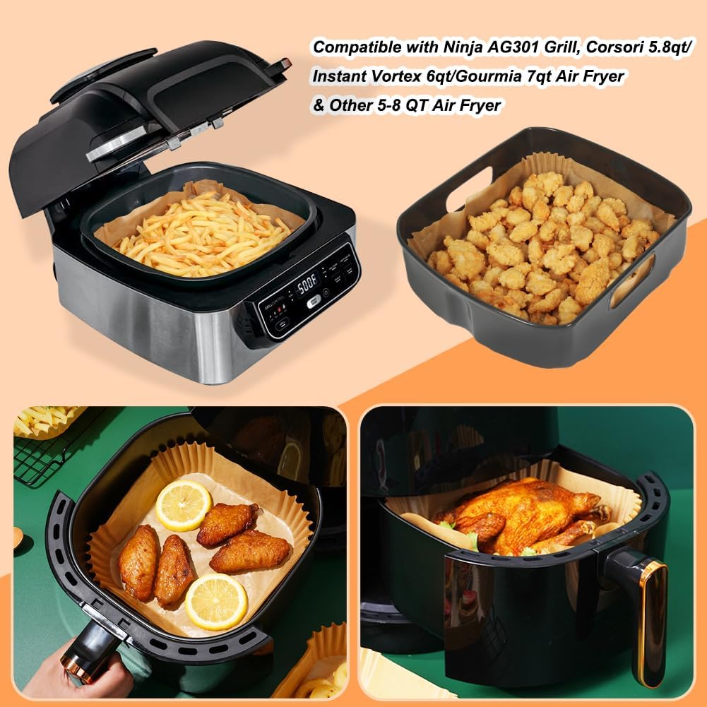 BYKITCHEN Hojas para freidora de aire para parrilla Ninja AG301, Cosori, freidora de aire Gourmia, filtros de papel pergamino cuadrados de 9
