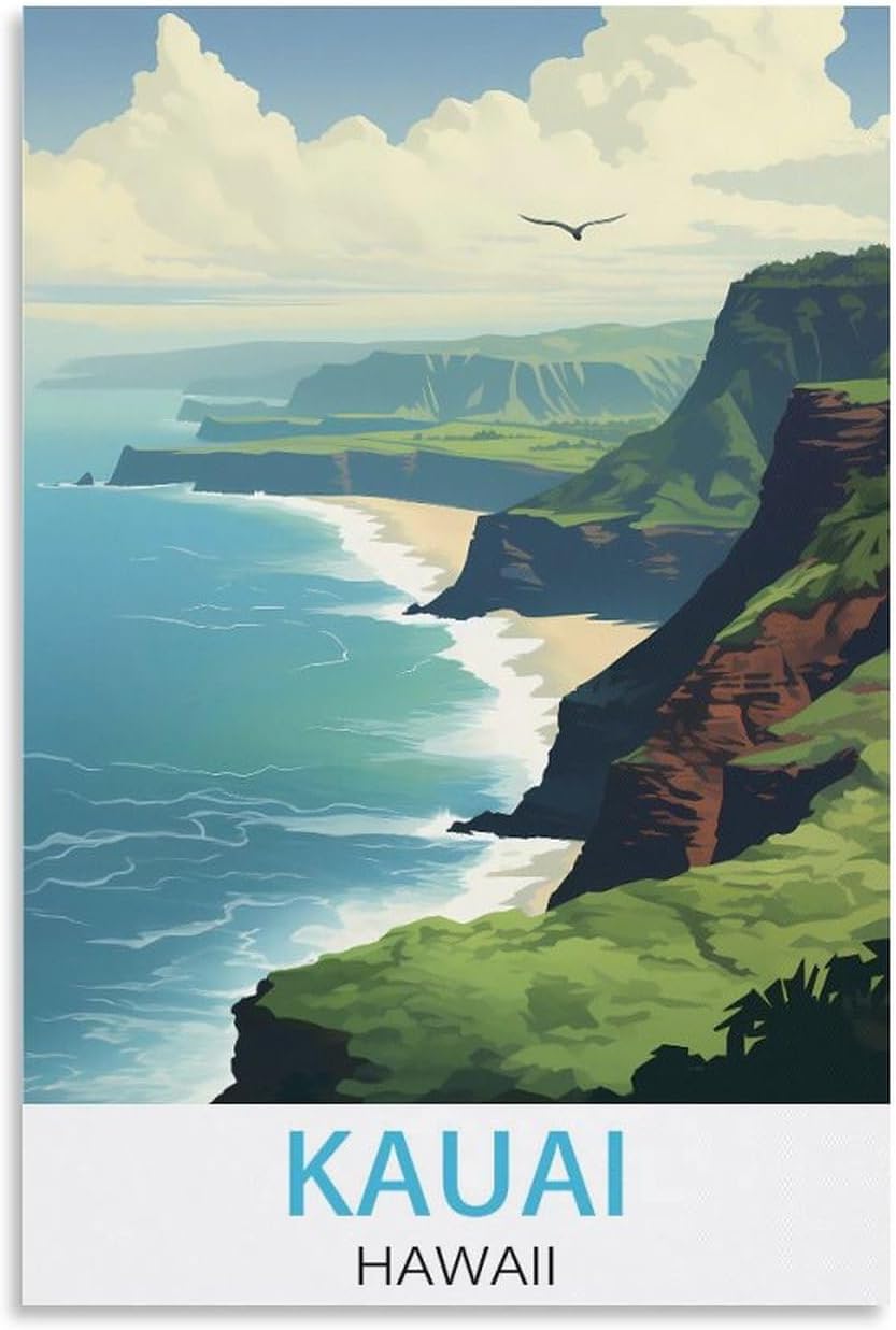 Kauai Hawaii – Pósteres de viaje vintage costeros de 08 x 12 pulgadas (7.9 x 11.8 in) para pared, pintura en lienzo para sala de estar, decoración