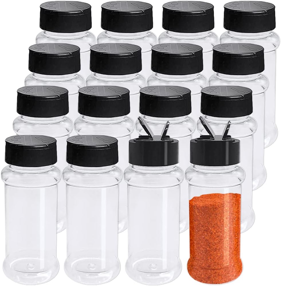OJYUDD Paquete de 16 botellas de plástico para especias de 3.4 onzas, recipientes vacíos con tapa negra, recipientes transparentes reutilizables