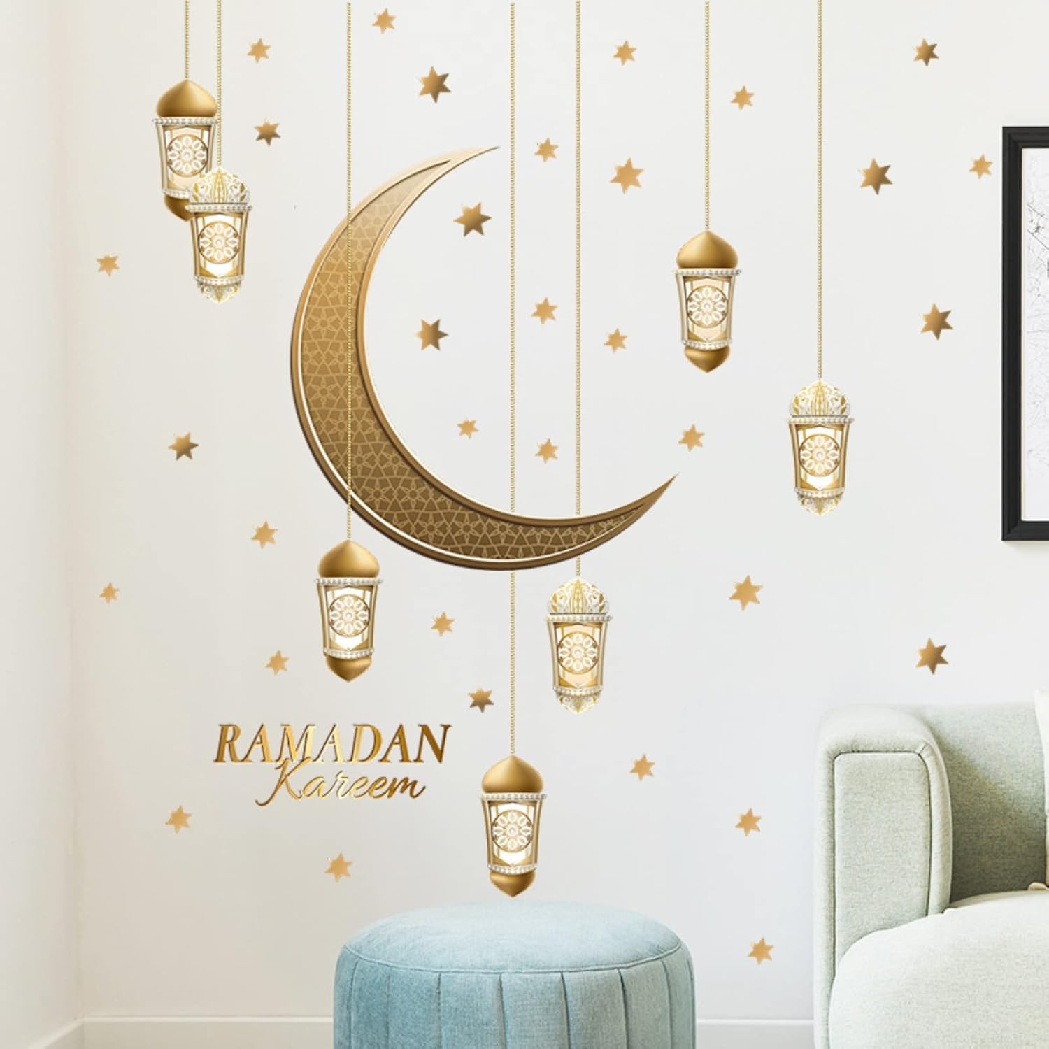 Calcomanías de decoración de pared de Ramadán, calcomanías islámicas musulmanas para colgar Eid Mubarak Ramadán, farol de Ramadán, luna y estrella,