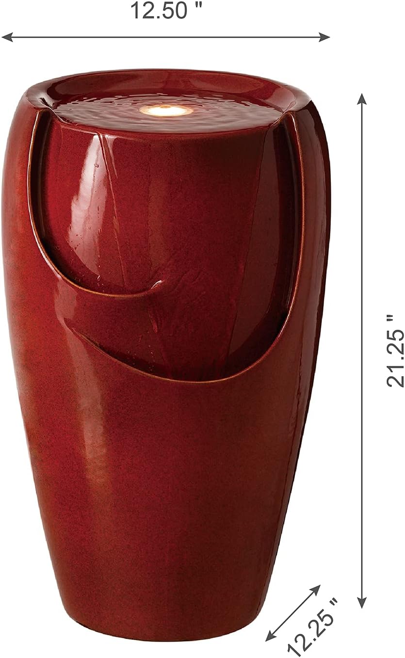 Glitzhome Jarrón de cerámica de 21.25 pulgadas de alto, fuente de agua para exteriores, fuente de agua alta para patio y jardín, con luz LED y bomba