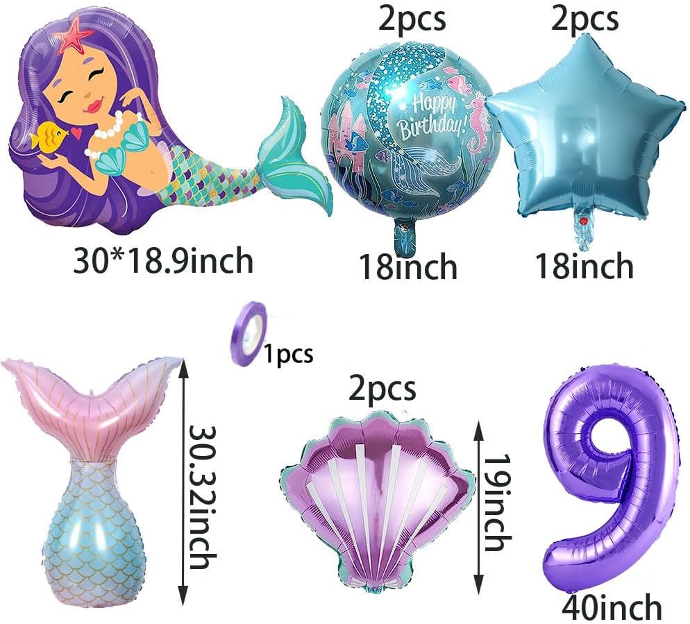 9 globos de aluminio de sirena Mylar para decoración de cumpleaños de 9 años para niña con temática de sirena, decoración de fiesta hawaiana del