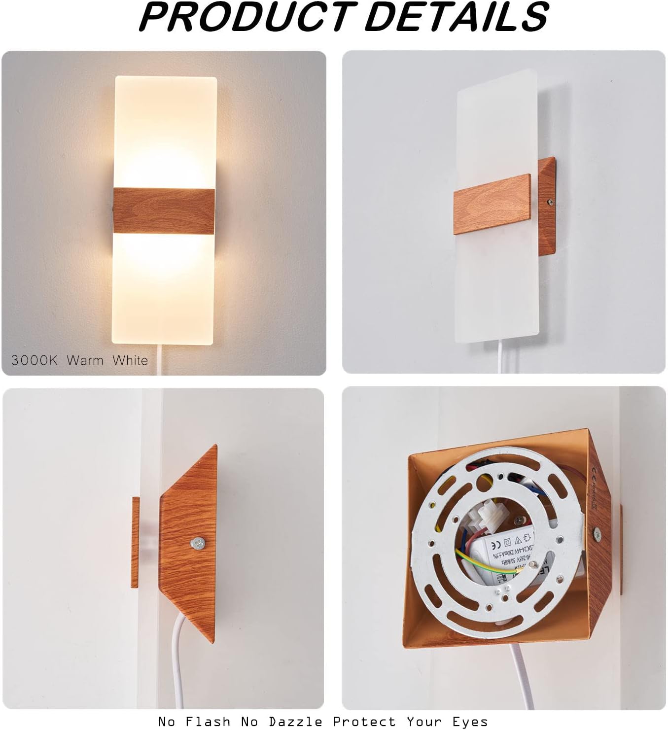 AUSLEUCH Paquete de 2 apliques de pared enchufables, lámpara de pared LED moderna para interiores, lámpara de pared cableada de 12 W para