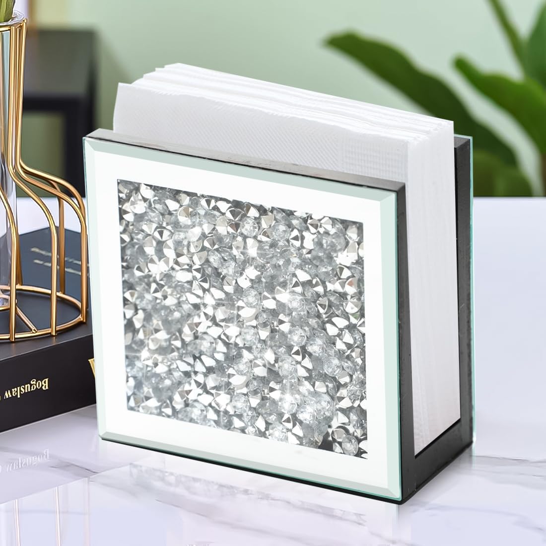 Servilletero con espejo, soporte vertical de diamante triturado de cristal, bonito soporte de servilleta de espejo de vidrio para mostrador o mesa.