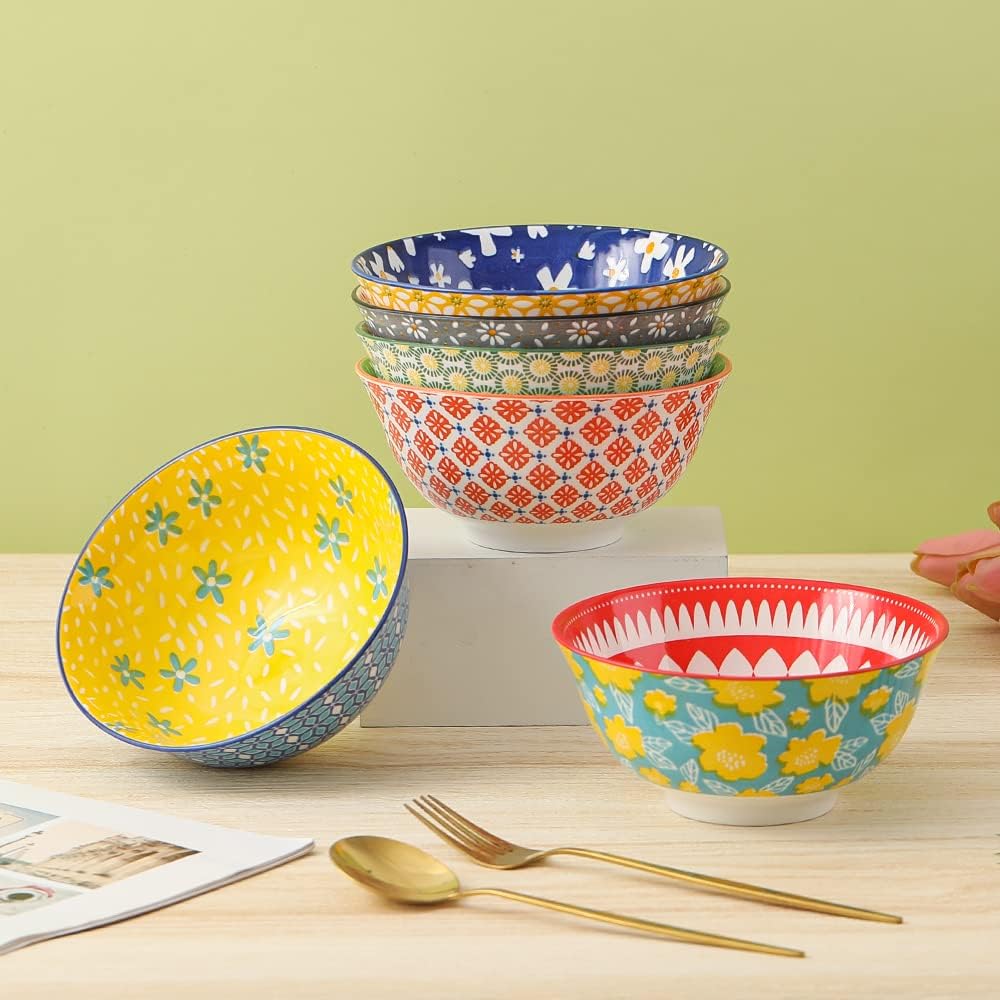 Juego de cuencos de porcelana para cereales, cuencos de cerámica para cocina, de 23 onzas, 6 juegos de cuencos coloridos con patrones lindos –