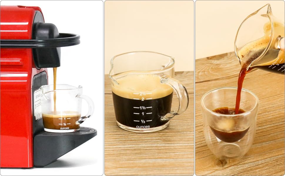 QWORK Vaso de chupito de café expreso con asa, paquete de 4 vasos medidores de vidrio de doble boquilla de 3 onzas, taza de leche triple con dos