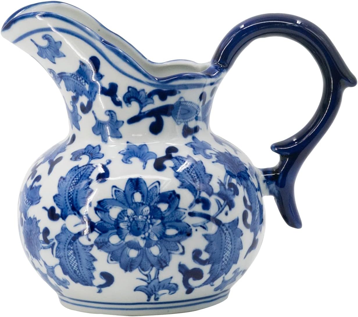 A&B Home – Jarra de cerámica con asa, jarra de crema de leche de café para cocina, tarro de porcelana azul y blanca con patrón de flores, 9 x 6 x 8