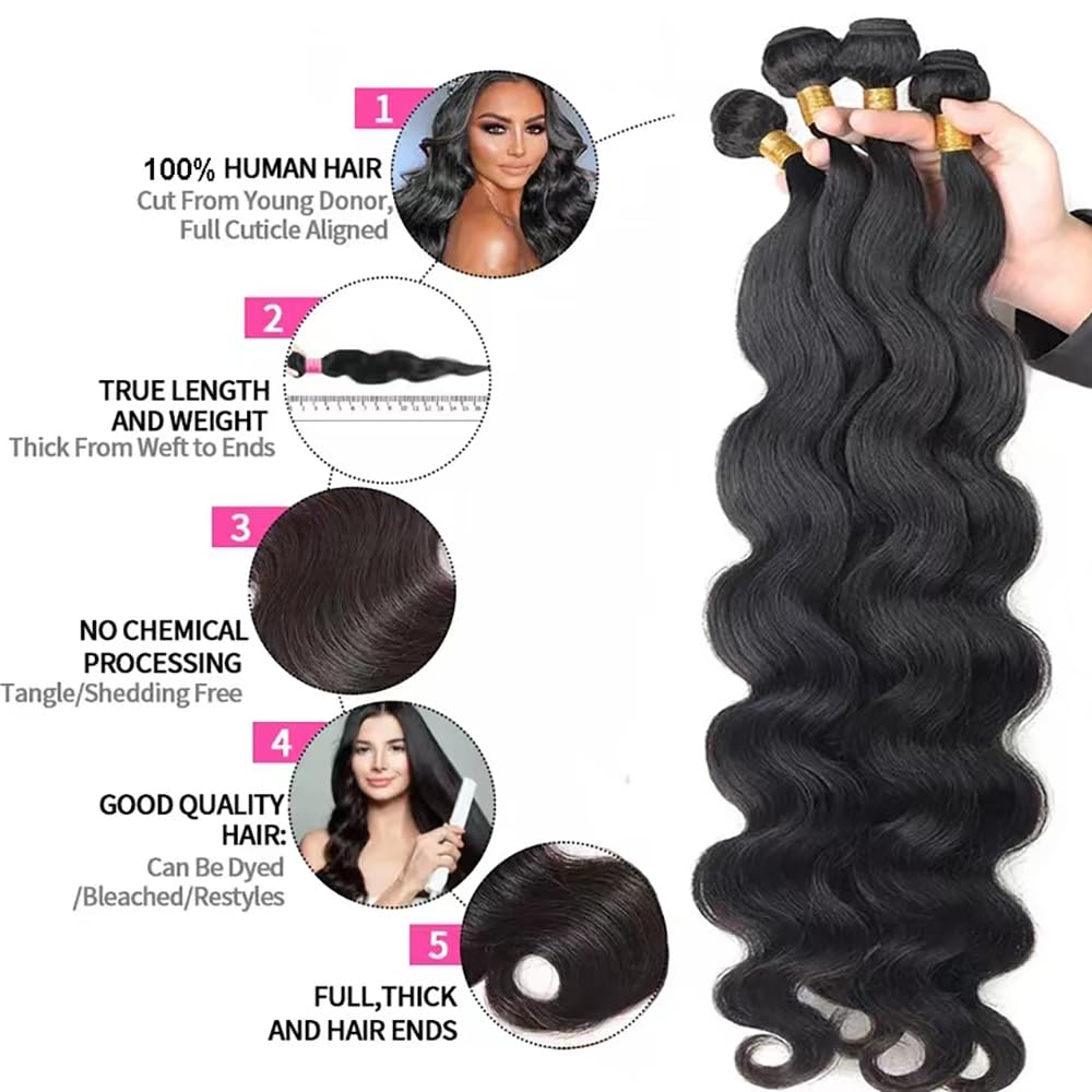 Extensiones de cabello humano brasileño ondulado grado 10A, 100% cabello humano (18, 20, 22, 24 pulgadas), 4 manojos de cabello humano ondulado para