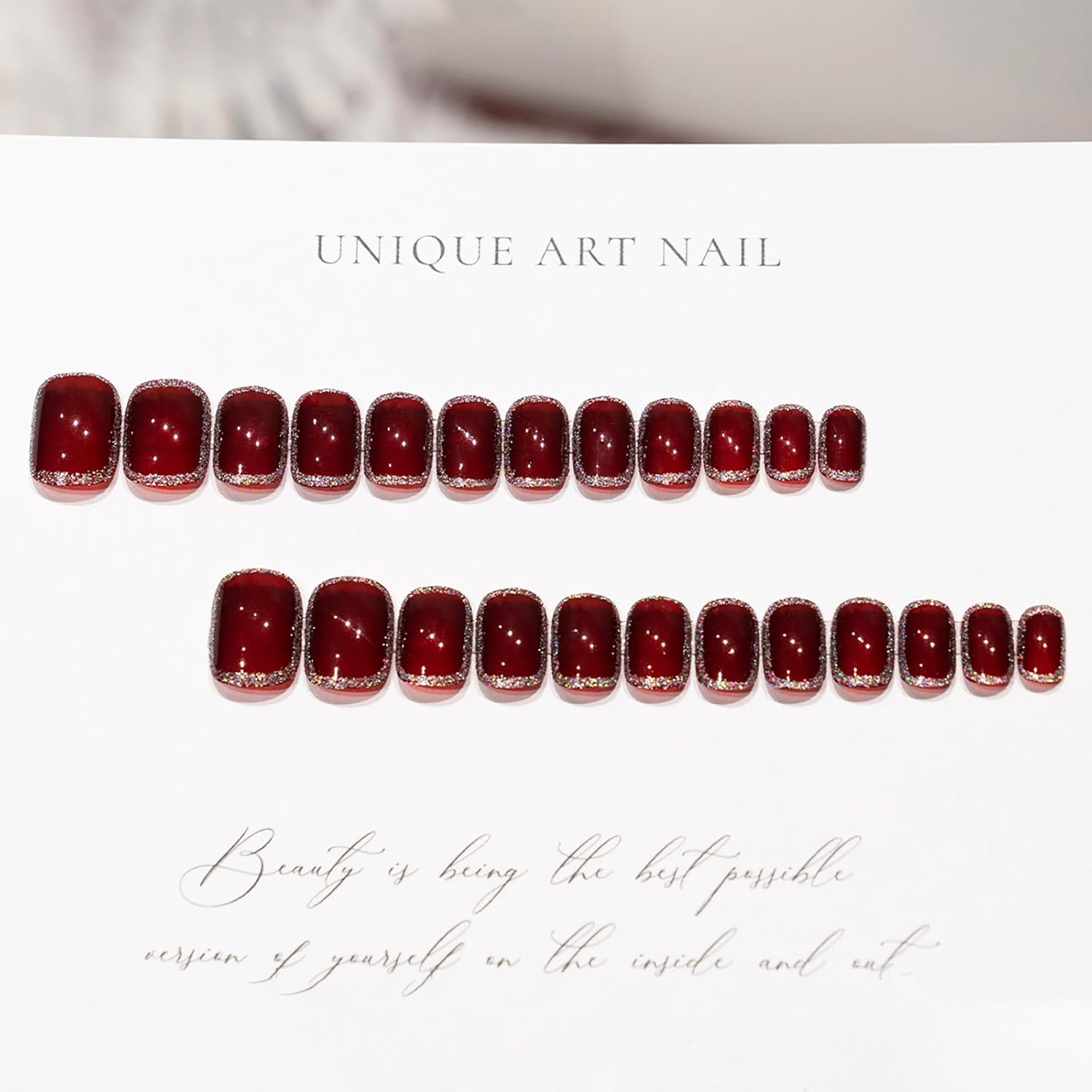 Uñas postizas cortas a presión, uñas postizas cuadradas color rojo vino con purpurina, uñas postizas de otoño e invierno, uñas acrílicas brillantes,