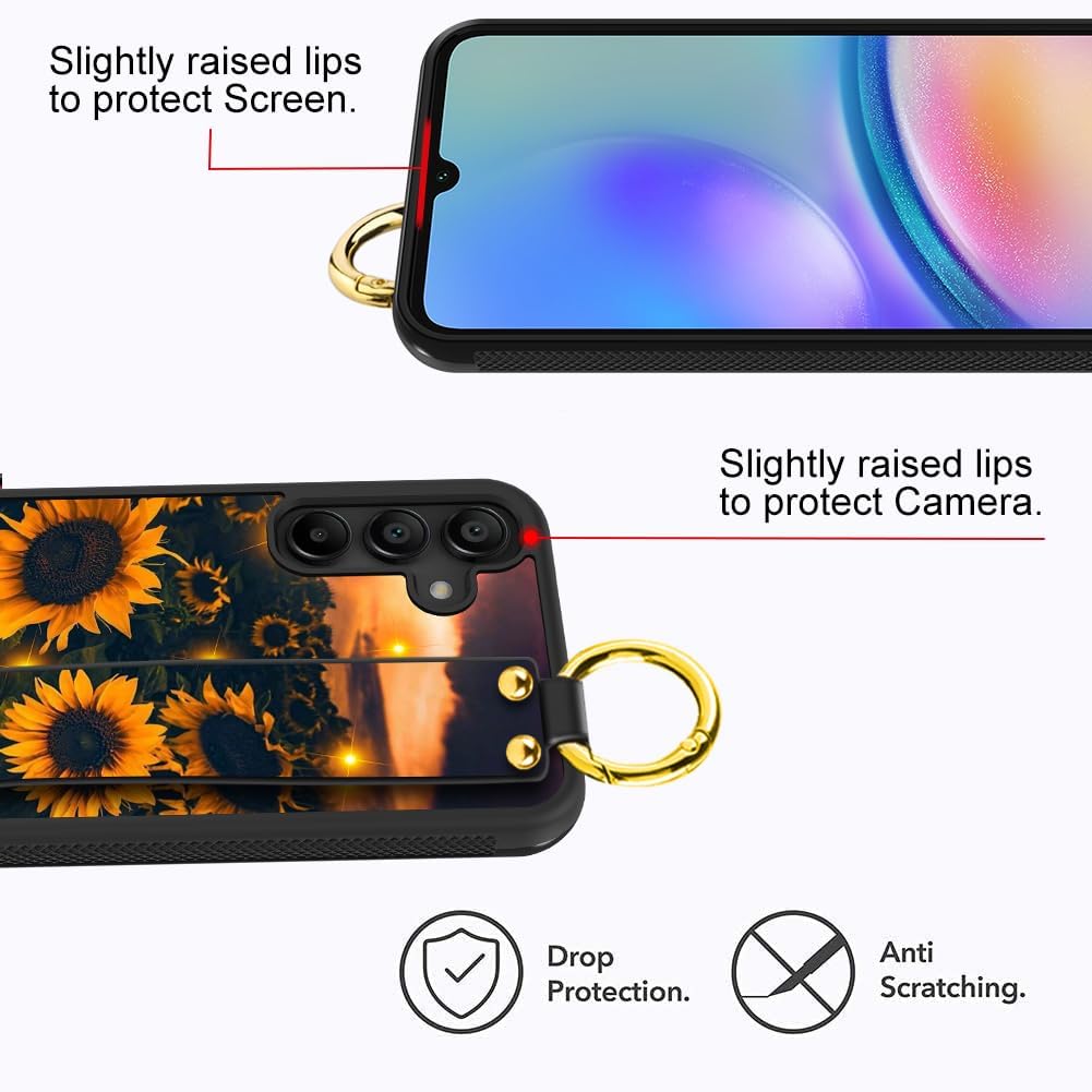 LSL Compatible con Samsung Galaxy A15 5G Shine Girasoles Funda con correa de muñeca con soporte para mujeres y niñas, textura de neumático TPU
