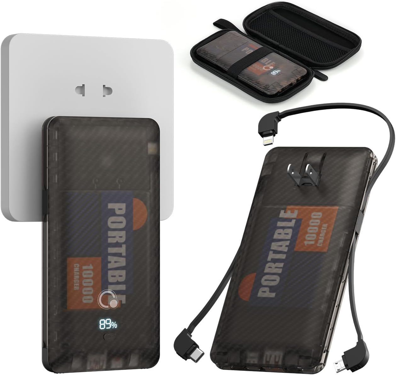 Cargador portátil de 10000 mAh con enchufe de pared de CA, cargador USB C delgado de carga rápida, batería externa tipo C con tres cables integrados