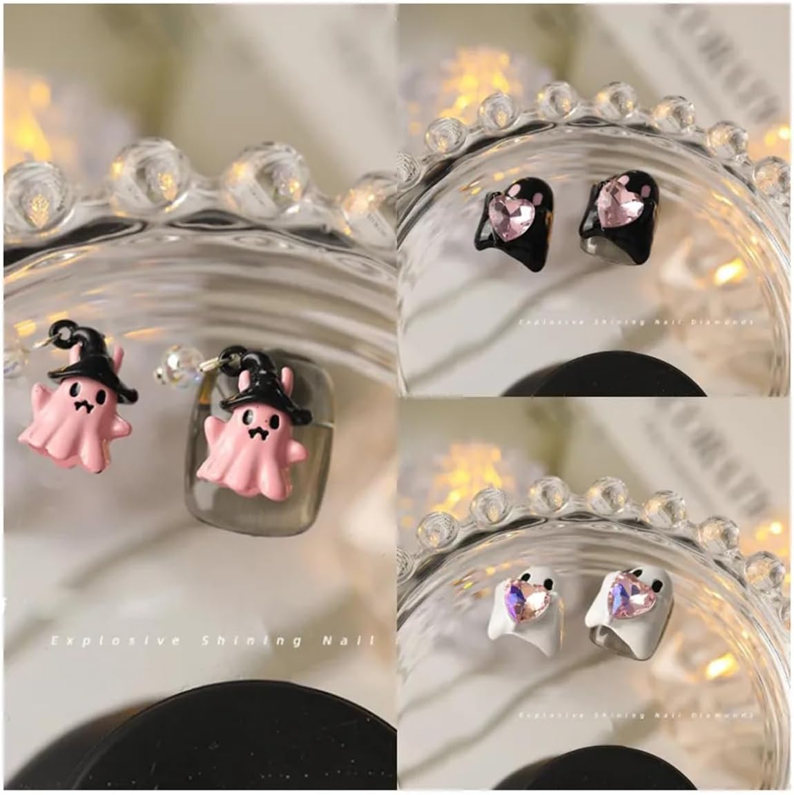 10 dijes de uñas de Halloween, diseño de calavera de fantasma, corazón con gemas de uñas, divertidos diamantes de imitación de uñas de Halloween