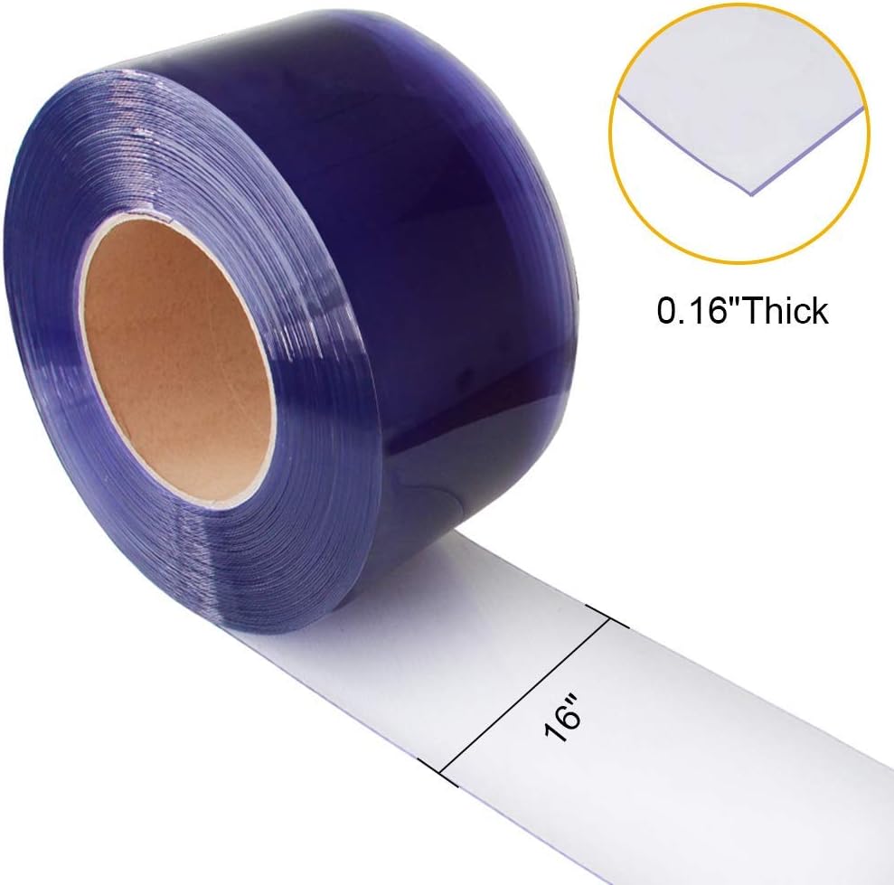 VIZ-PRO Rollo a granel de puerta de tira de cortina lisa de PVC transparente estándar, 50 pies de largo x 16 pulgadas de ancho x 0.16 pulgadas de