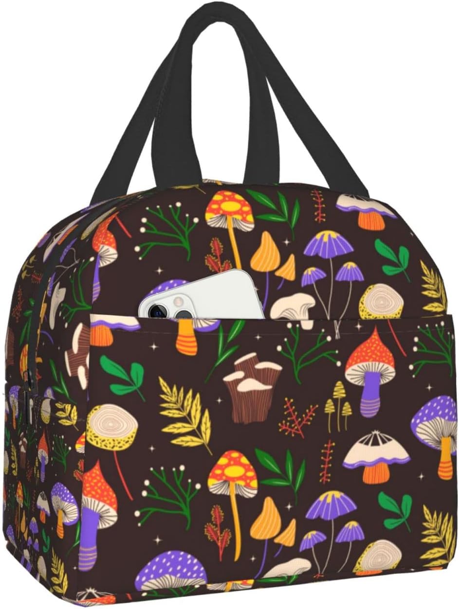 Lonchera con diseño de hongos de color, pequeña, aislada, con bolsillo frontal, estética, lonchera, congelable, para mujeres y hombres