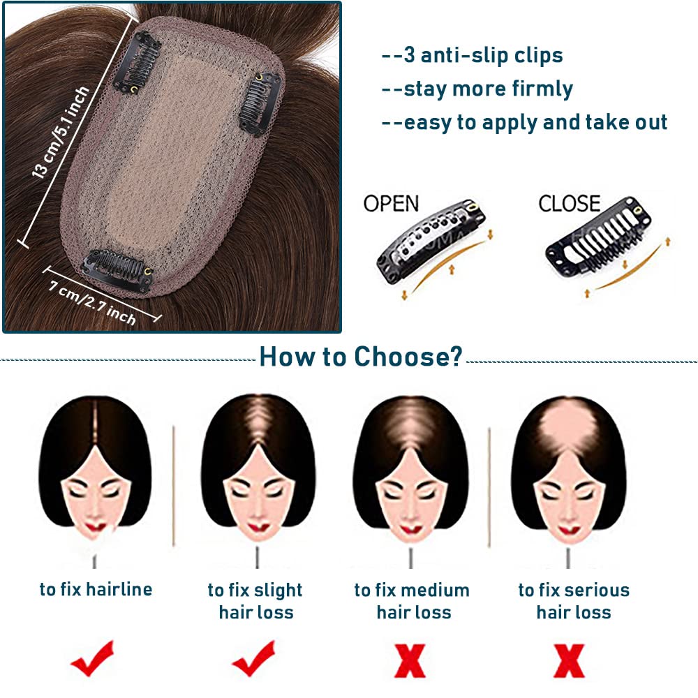 SEGO Toppers de cabello humano 100% real con flequillo, 150% de densidad, base de seda, clip en la parte superior, piezas de cabello para mujeres