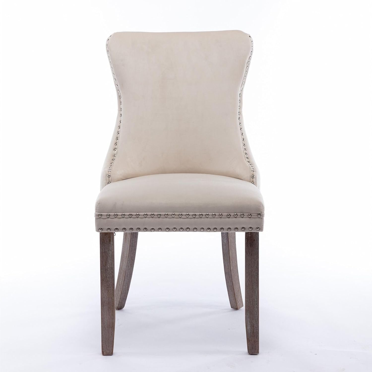 FRITHJILL Silla de comedor tapizada de terciopelo con respaldo de ala y patas de madera marrón, decoración de remaches, silla auxiliar moderna de