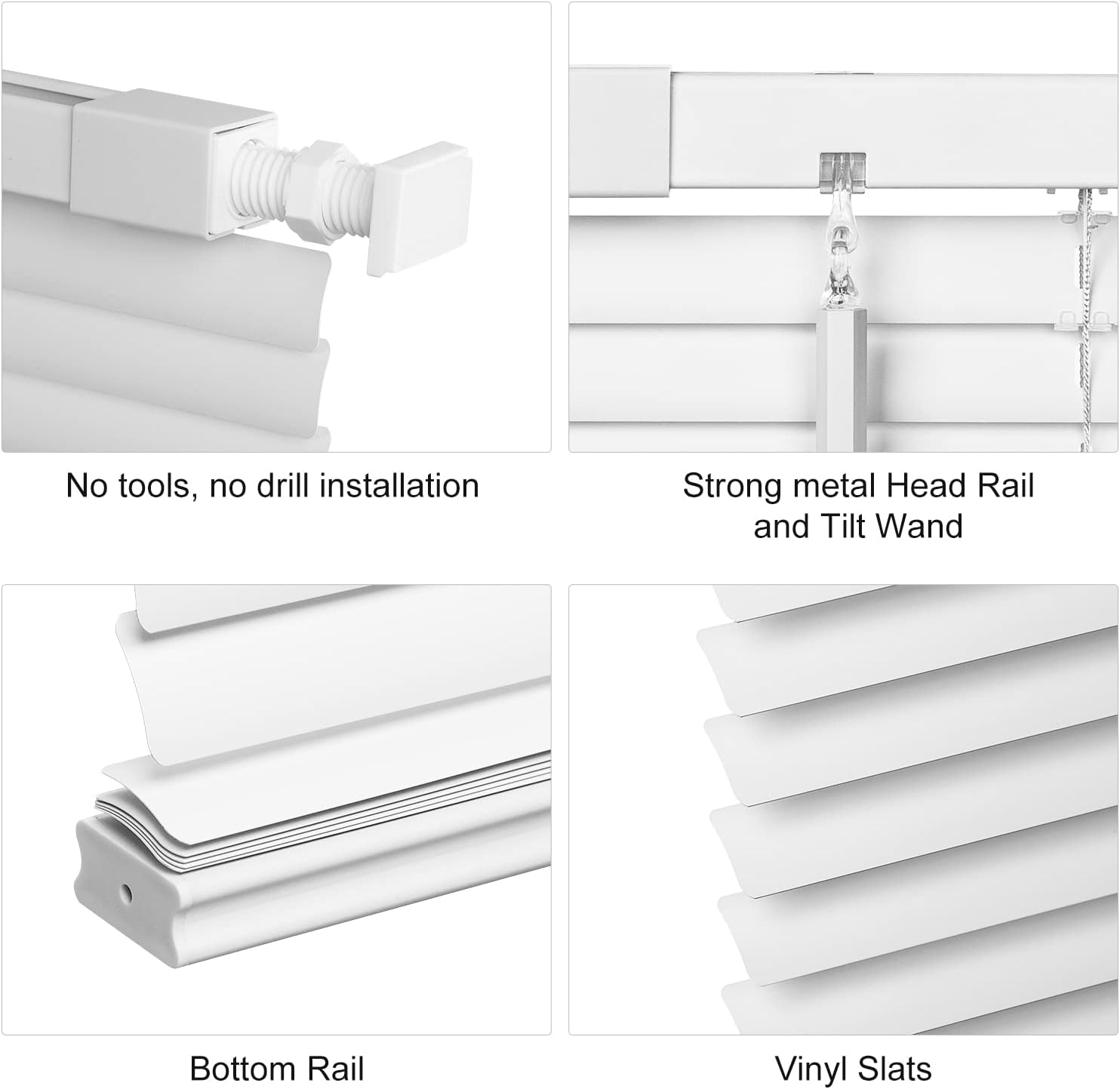 LazBlinds Mini persianas horizontales de vinilo sin cordón, sin herramientas, sin taladro, de 1 pulgada, persianas que filtran la luz para ventanas,