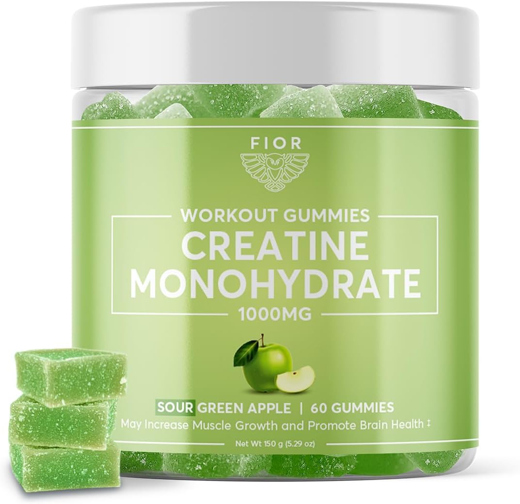 FIOR Gomitas de creatina  El mejor monohidrato de creatina masticable, 60 unidades, suplemento de entrenamiento y proteínas, mejora cognitiva, sabor