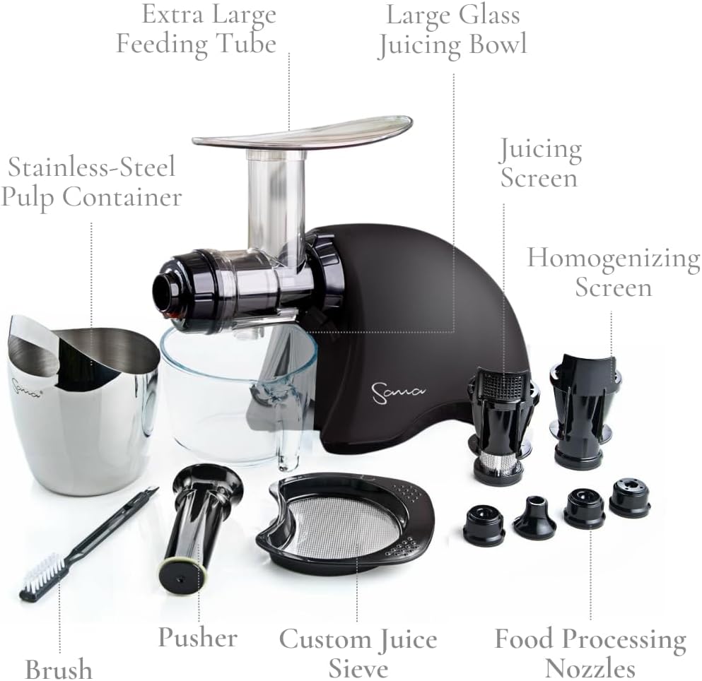 Cold Press SANA 707 Exprimidor clásico horizontal de velocidad lentabaja  Fácil de limpiar, potente motor, alimentación automática, compacto,