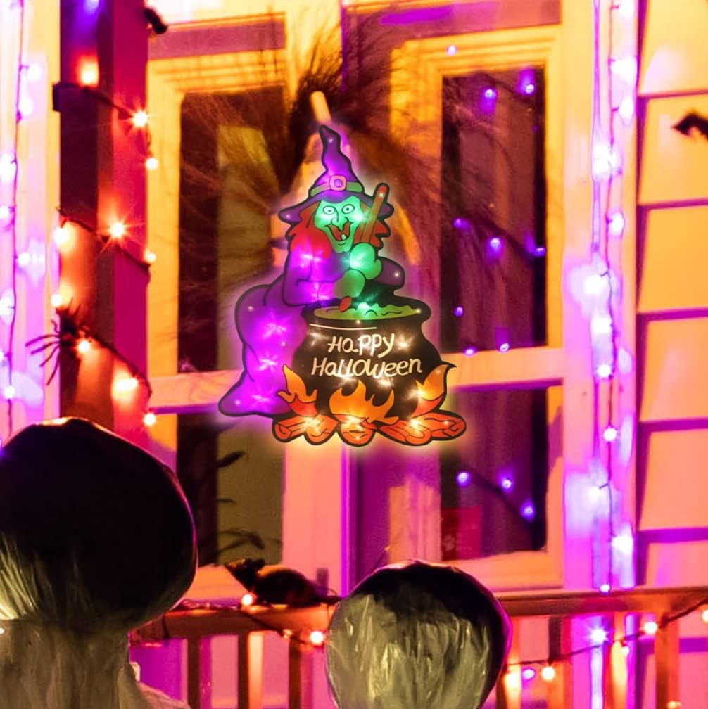 Decoración de silueta de ventana de Halloween con 20 luces LED, decoración de Halloween (bruja)