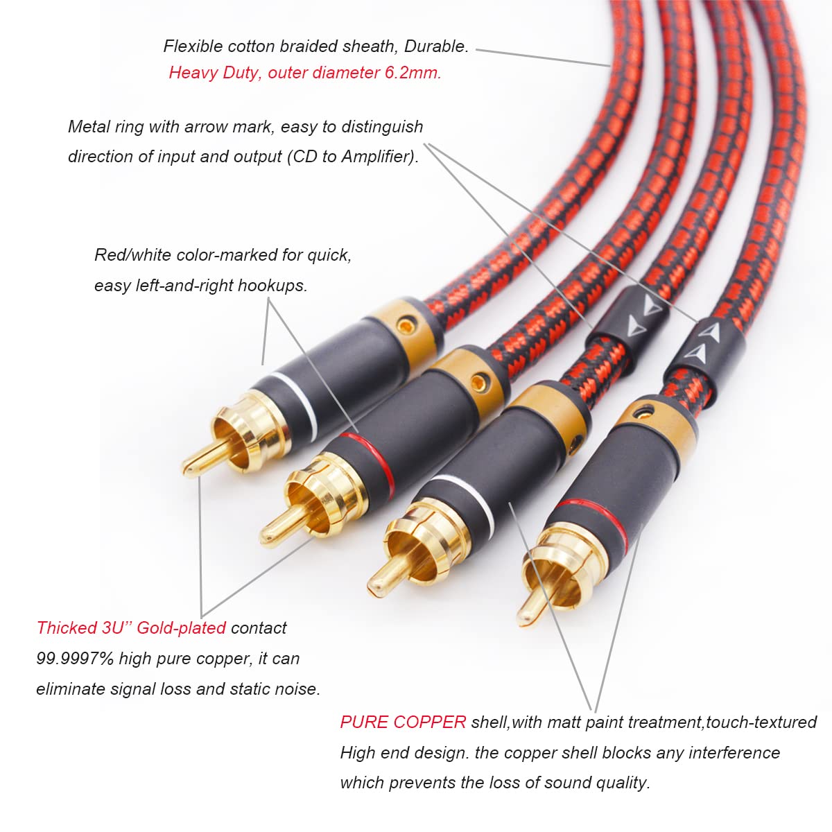 Auidophile 2RCA macho a 2RCA macho cable de audio estéreo, chapado en oro, núcleo de cobre 4N sin oxígeno (3 pies (3.3 ft)