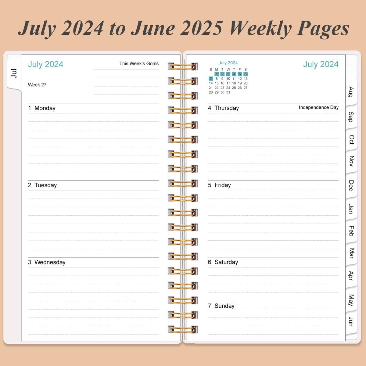 Agenda de bolsillocalendario 2024-2025  Agenda semanal y mensual A6, julio 2024 a junio 2025, 3.75 x 6.75 pulgadas con cubierta flexible, pestañas,