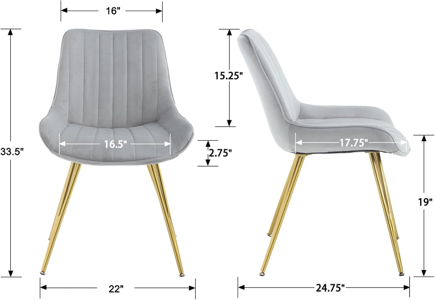 EALSON Juego de 2 sillas de comedor modernas tapizadas de terciopelo con patas de metal dorado, cómodas sillas de cocina acolchadas y sin brazos