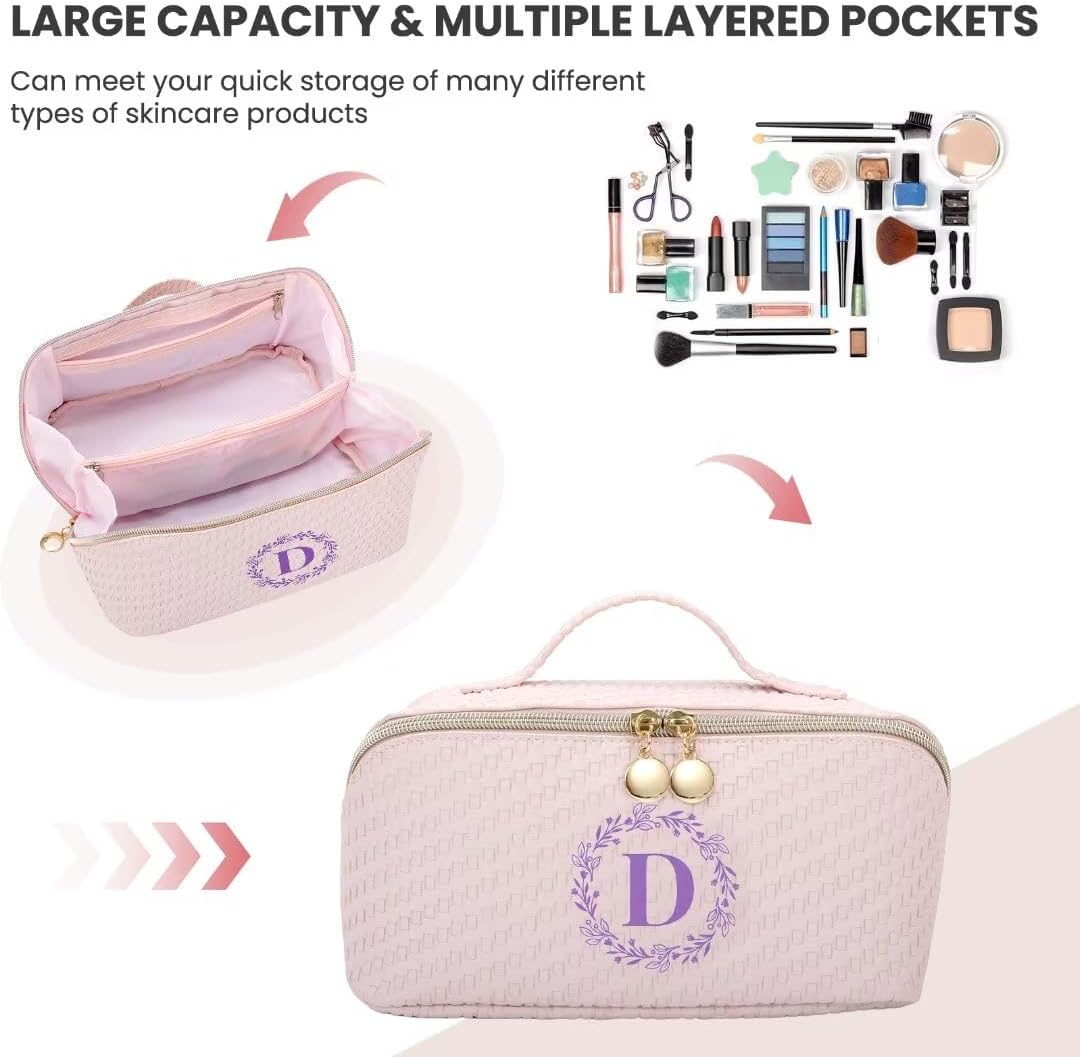 Bolsa de maquillaje, bolsa de maquillaje de viaje, bolsa de maquillaje portátil de piel sintética impermeable, organizador con asa y divisor bolsas