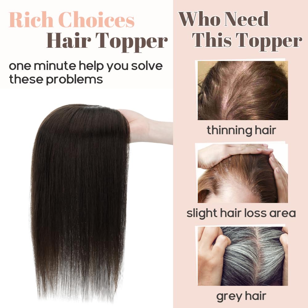 Rich Choices Toppers para el cabello para mujer, 100% cabello humano real, sin flequillo, 5.1 x 5.9 in, base de seda, clip en la parte superior de