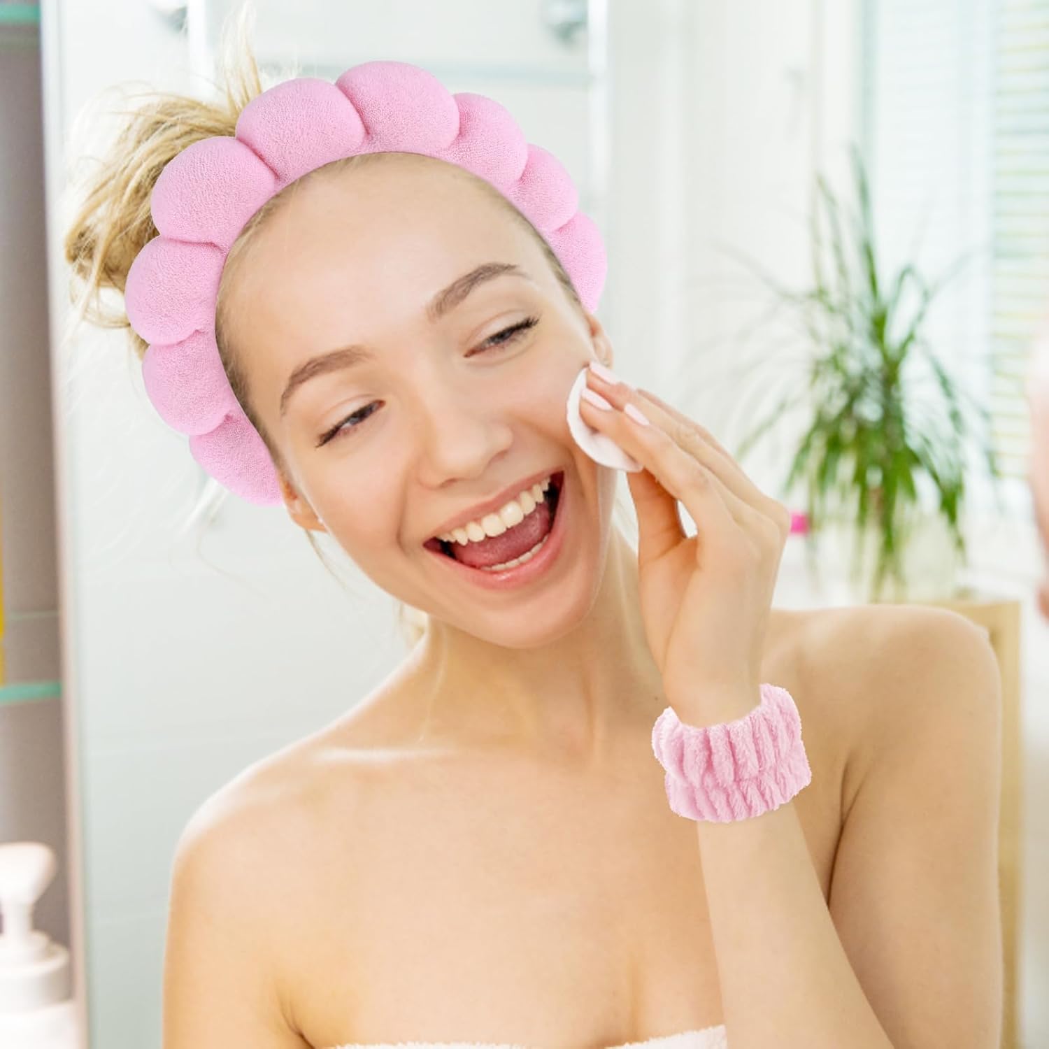 Juego de muñequeras de spa para mujer, para el cuidado de la piel, para el cuidado de la piel, tela de rizo suave con burbujas, acolchadas,