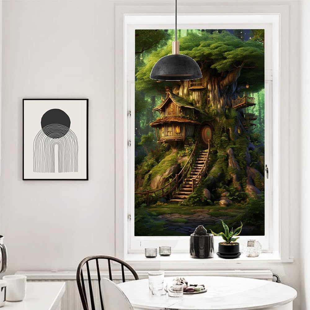 Película de privacidad rústica para ventana, diseño retro de árbol de casa, vitral, bloqueo solar, control de calor, película decorativa para cubrir