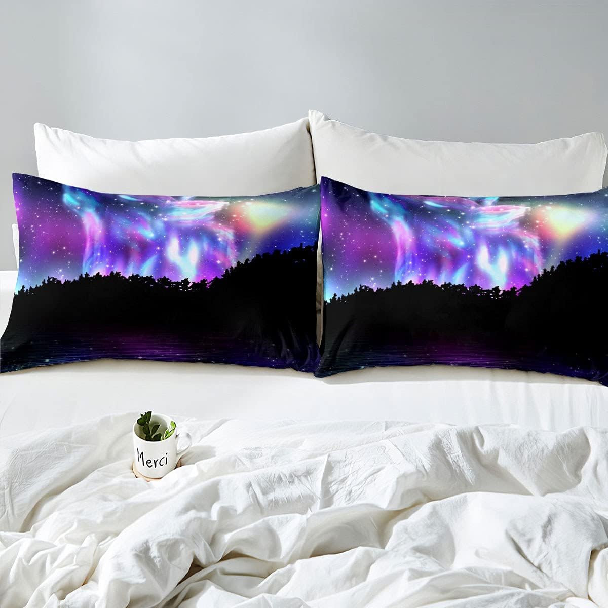 Juego de edredón de lobo galaxia, juego de ropa de cama con luz del norte, para niños, niñas, adolescentes, cielo estrellado, aurora, decoración de