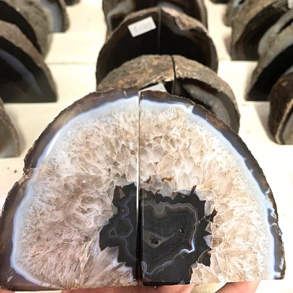 AMOYSTONE Sujetalibros de ágata negra de geoda resistente con topes de goma (1 par, 2-3 libras)