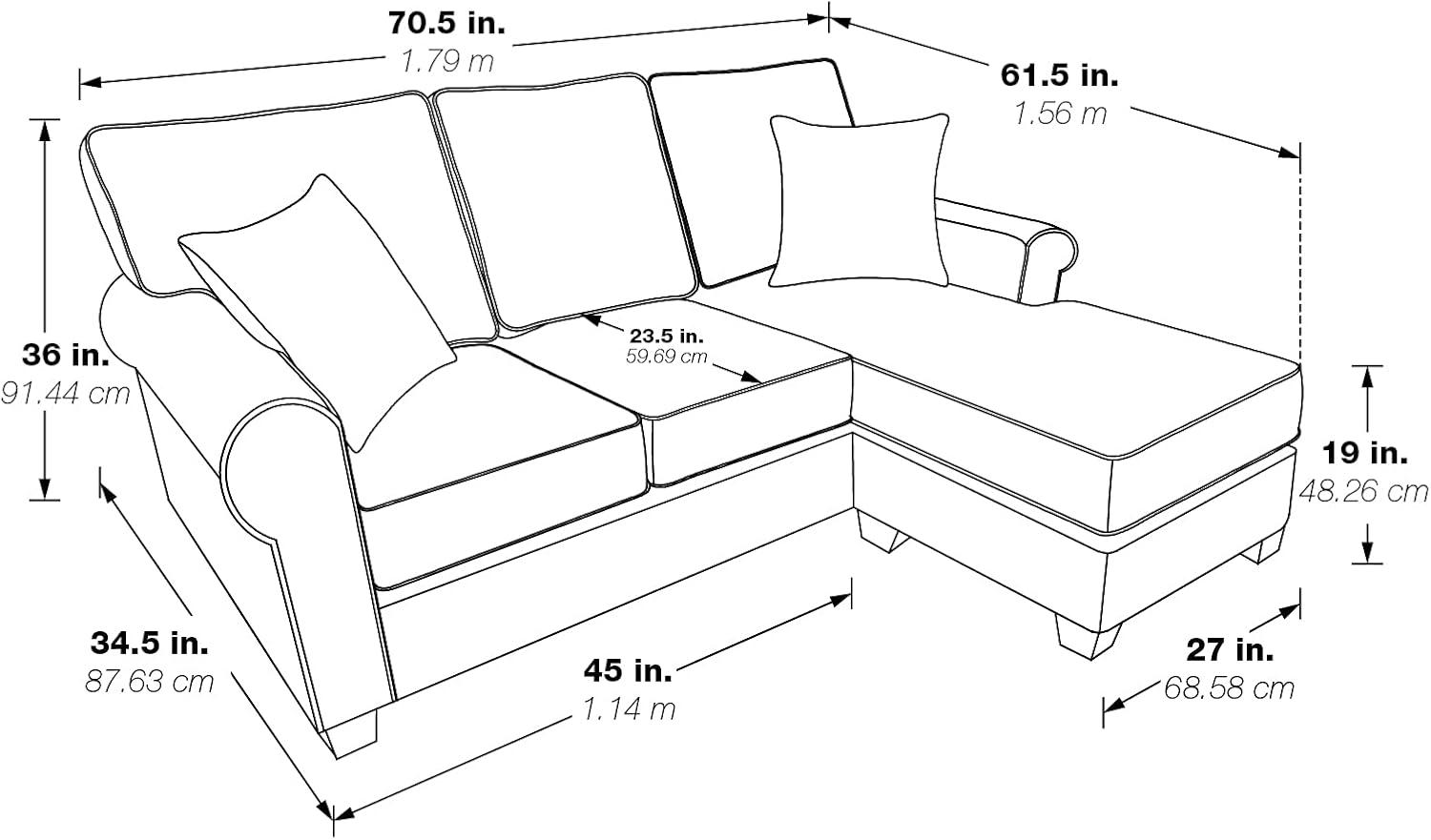 OSP Home Furnishings Rylee – Sofá seccional reversible con brazo enrollado con 2 almohadas y patas con acabado café, piel sintética de cacao