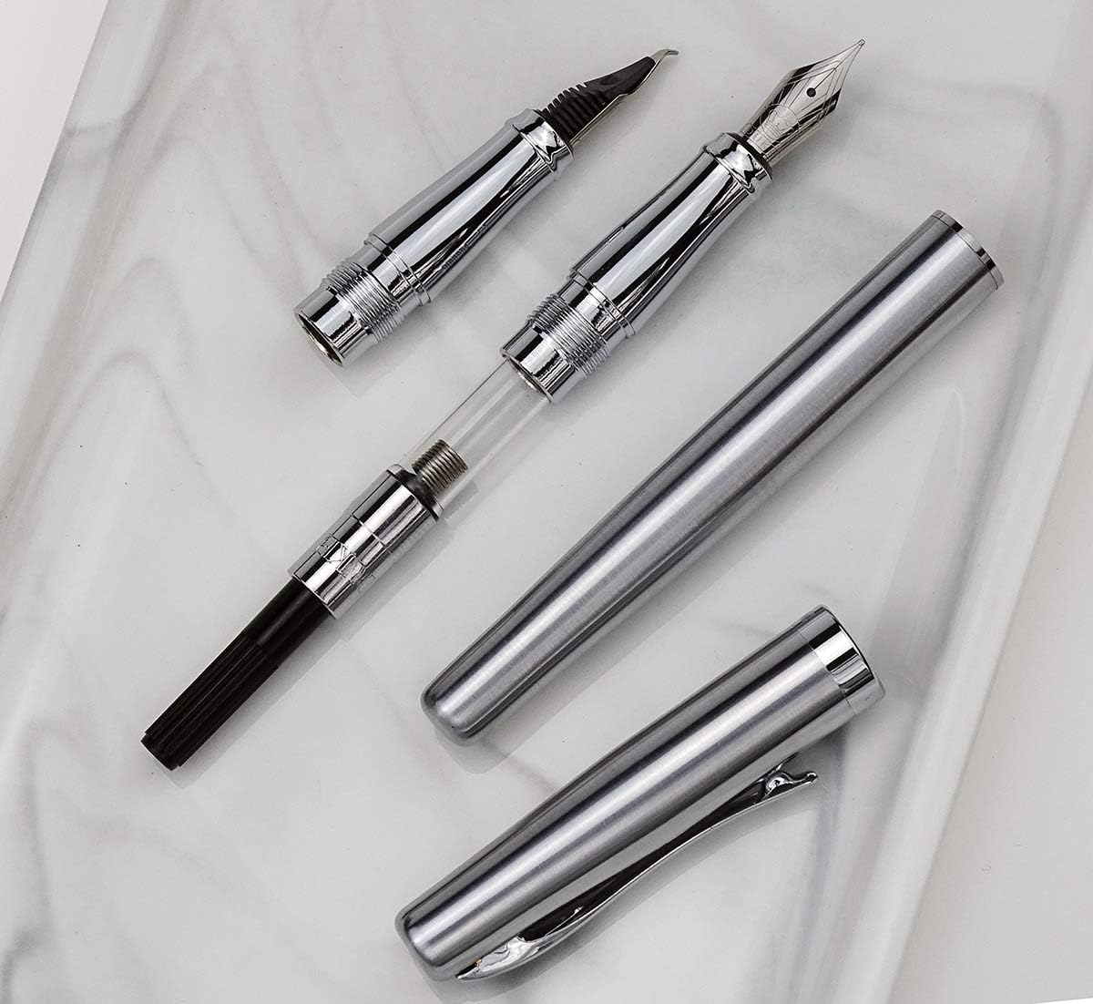 Duke 209 – Pluma estilográfica de acero plateado de doble punta mediana y doblada, juego de escritura intercambiable con caja de regalo