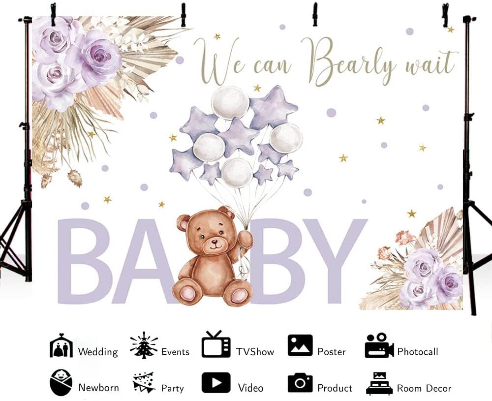 Telón de fondo de baby shower de oso bohemio de 7 x 5 pies para niña, color morado rubor, fondo floral bohemio para fotografía con texto en inglés