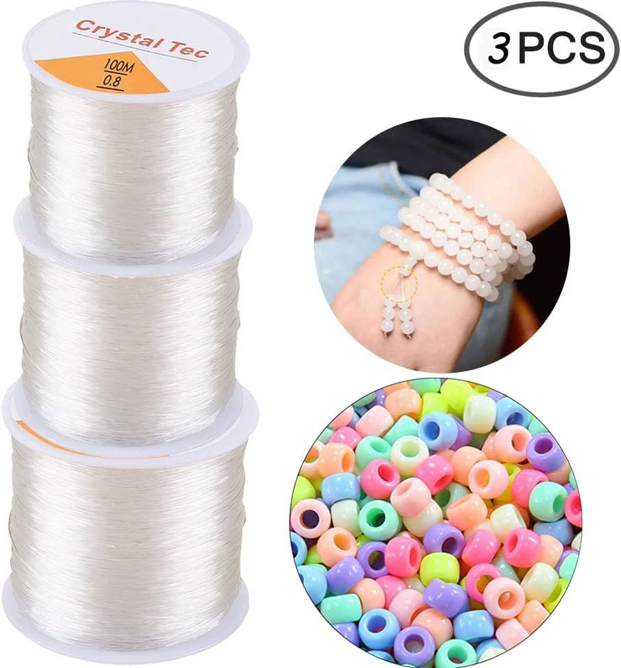 Hilo elástico de 0.031 pulgadas para pulseras, 3 rollos de cordón elástico, cuerda elástica de cuentas de cristal para pulseras, cuentas y