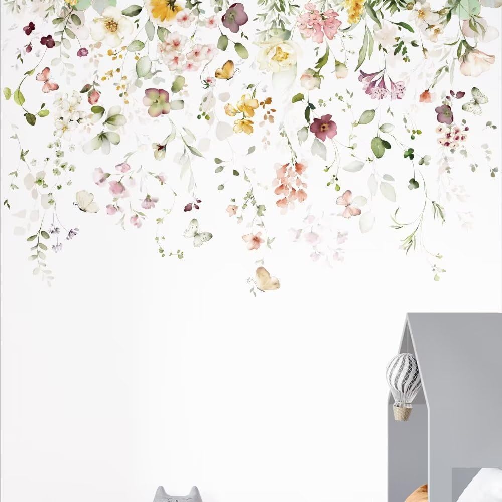 AWAKINK Calcomanías de pared de plantas, hojas, murales, acuarela, flores, vinilo, removibles, mariposas, arte de pared, bricolaje, despegar y