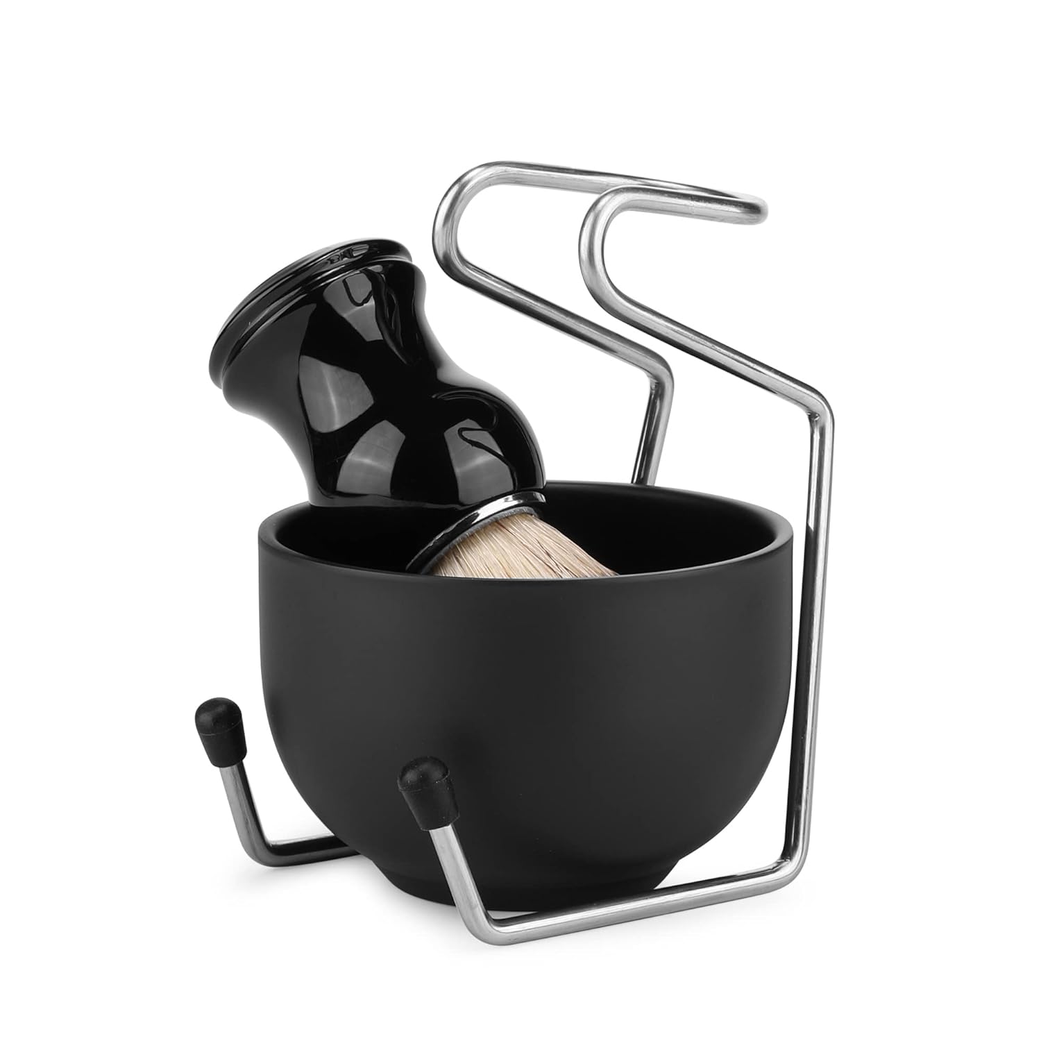 Wismee Juego de brochas de afeitar para hombre, cepillo de afeitar de cerdas de jabalí, cuenco de afeitar de acero inoxidable y soporte, 3.5 onzas,