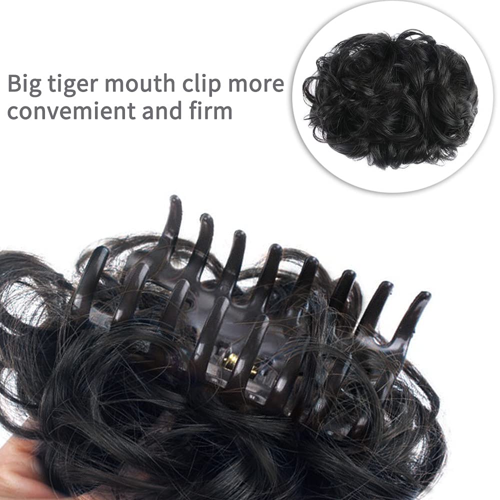 Extensiones de pelo sintético ondulado negro con clip para moño, 10 pulgadas