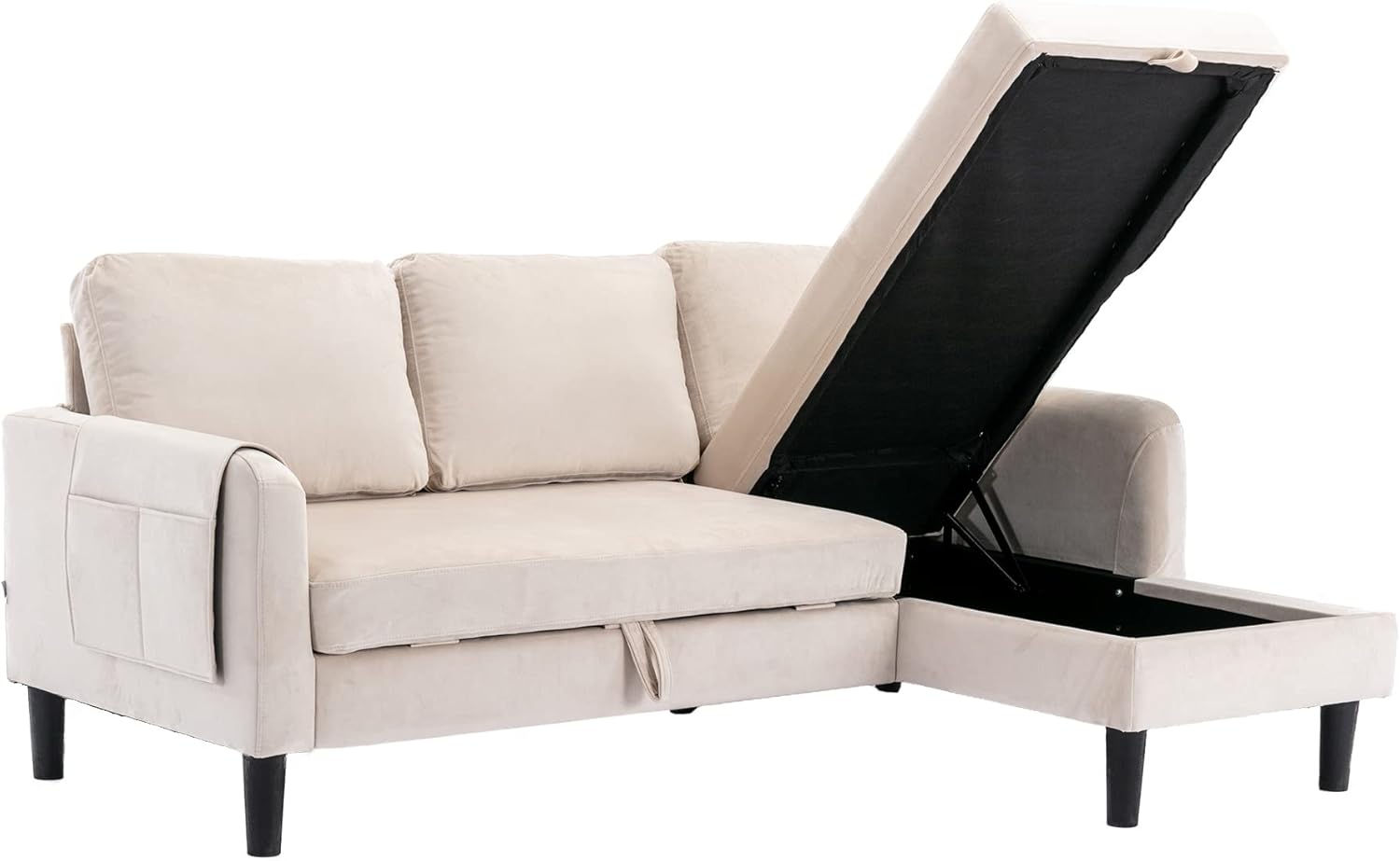Tumbona seccional de 3 plazas, cama extraíble convertible en forma de L y almacenamiento, cómodo sofá esquinero tapizado de terciopelo para sala de