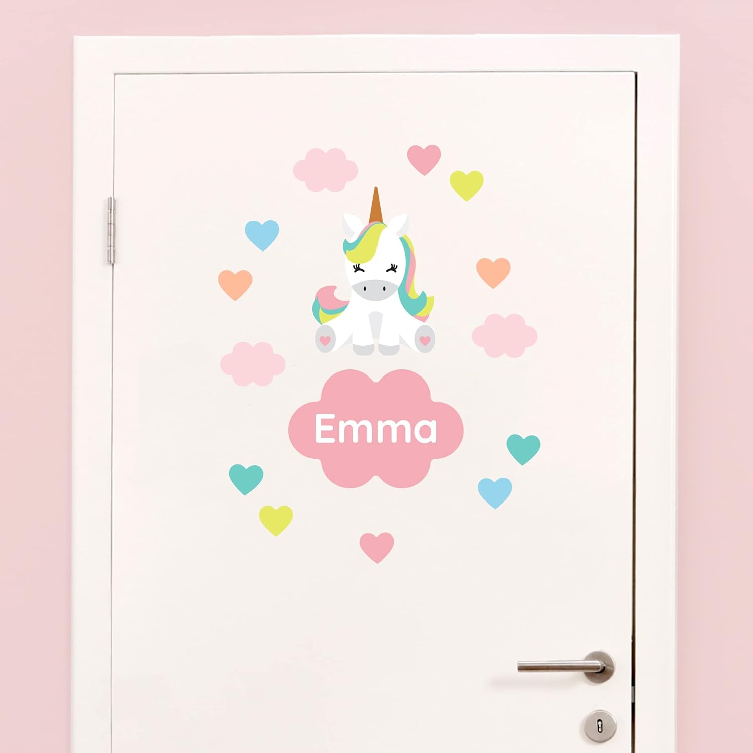 Teddylabels – Calcomanías de puerta reutilizables de unicornio sentado para habitaciones de niños con personalización de nombre – Calcomanías de