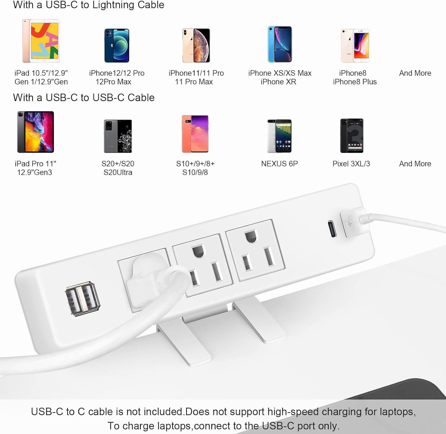 Regleta de alimentación de escritorio blanca de 10 pies con USB, protector de sobretensiones, estación de carga de energía con 3 enchufes, 3 USB A 1