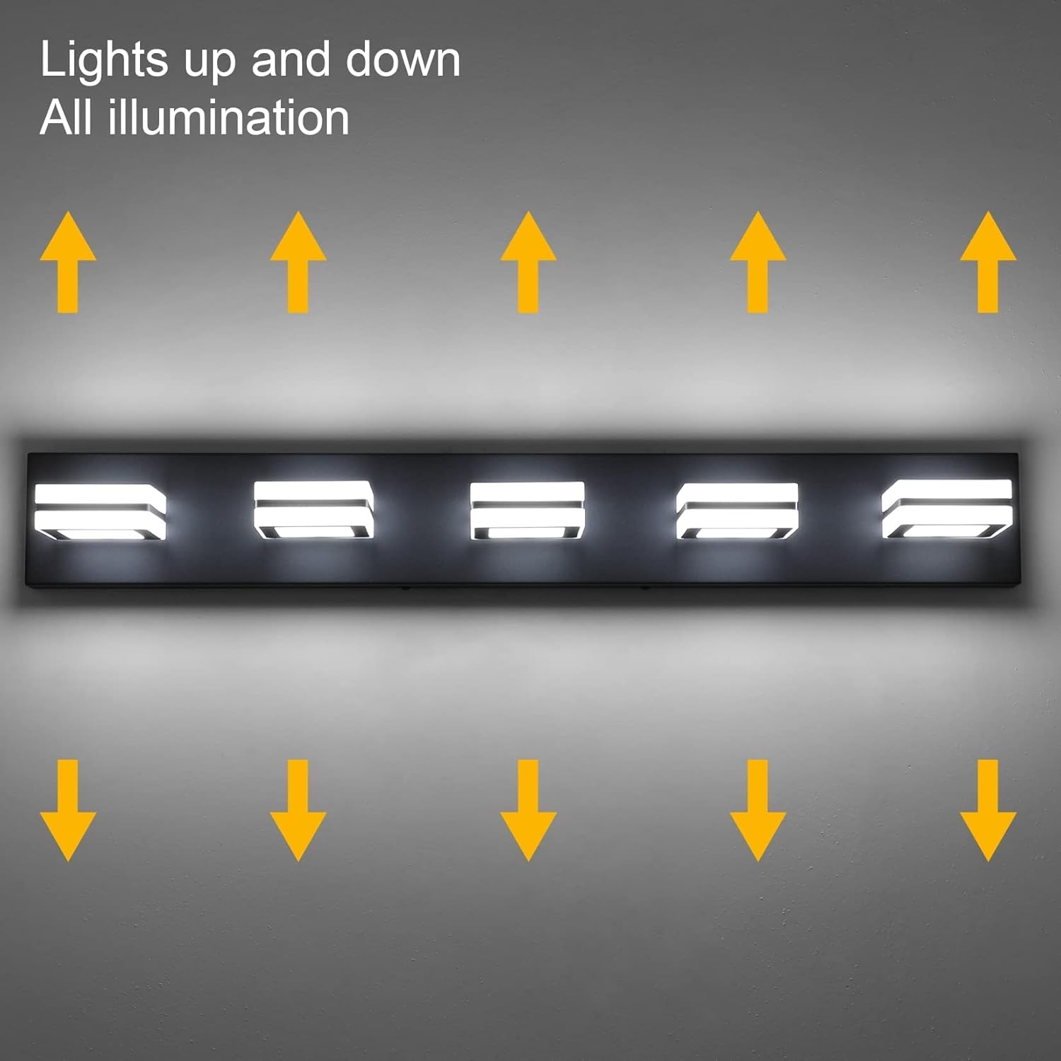 Ralbay Moderna luz LED negra para tocador, 5 luces, luces LED modernas para tocador de baño, espejo largo, acrílico, arriba y abajo, negro mate,