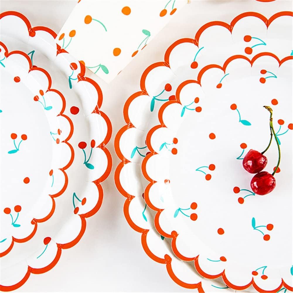 Plato de papel desechable de 9 pulgadas para fiestas, plato de papel de postre con diseño de frutas y cerezas, para bodas, baby shower, cumpleaños
